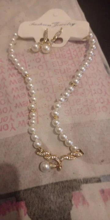 Women's 2 Piece Jewelry Sets One Gold Color Necklace + 1 Pair Earrings Wedding Bridal Pearl Elegant Decoration Pendientes Gifts