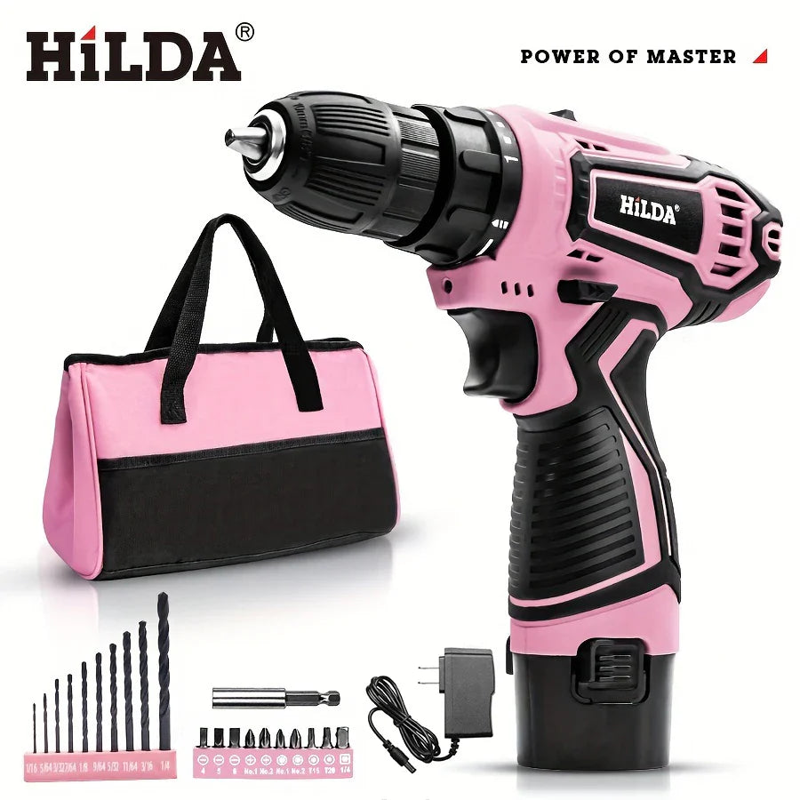 HILDA 21V Pink Drill Electric Drill Electric Screwdriver  Cordless Drill Mini Wireless Power Tools Lithium-Ion Battery