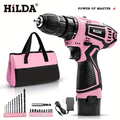 HILDA 21V Pink Drill Electric Drill Electric Screwdriver  Cordless Drill Mini Wireless Power Tools Lithium-Ion Battery
