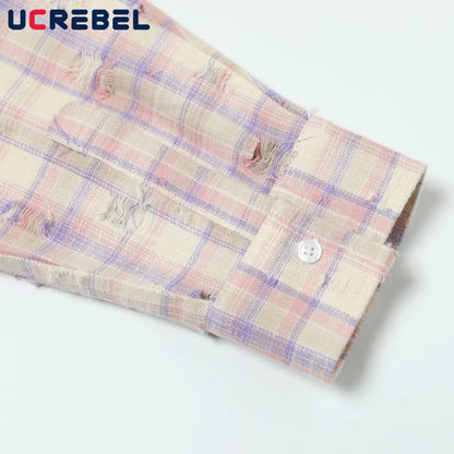 Ripped Plaid Long Sleeve Shirts Mens Pocket Autumn High Street Loose Lapel Single Breasted Checked Shirt Men