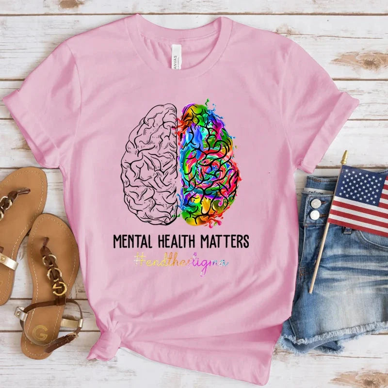 Fashion Women T Shirts Mental Health Awareness Mental Health Matters Print Funny Short Sleeve T-Shirt Lady Casual Summer Shirt