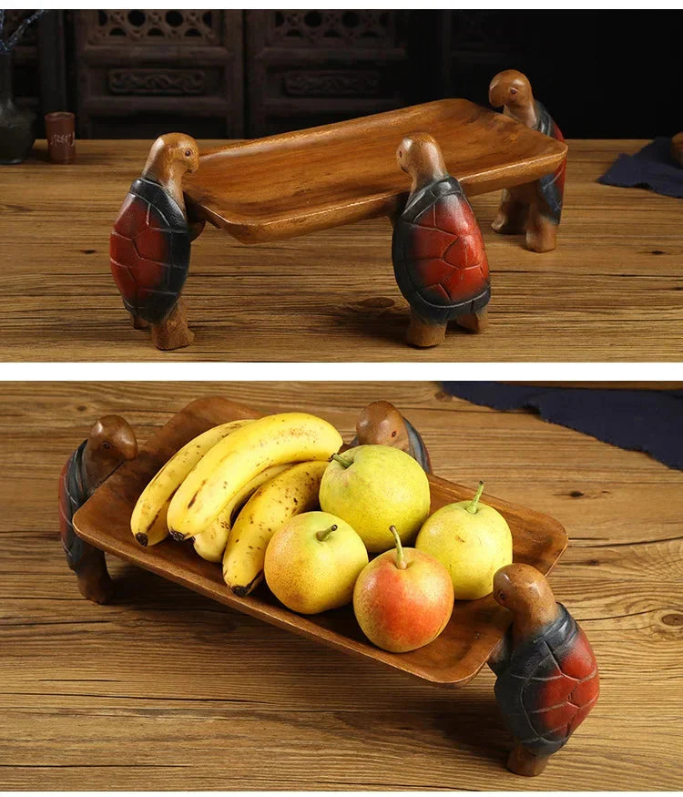Solid Wood Fruit Plate for Home Living Room, Coffee Table Tray, Three Turtles Base Side Polished, Smooth Eco Friendly Wood Wax O
