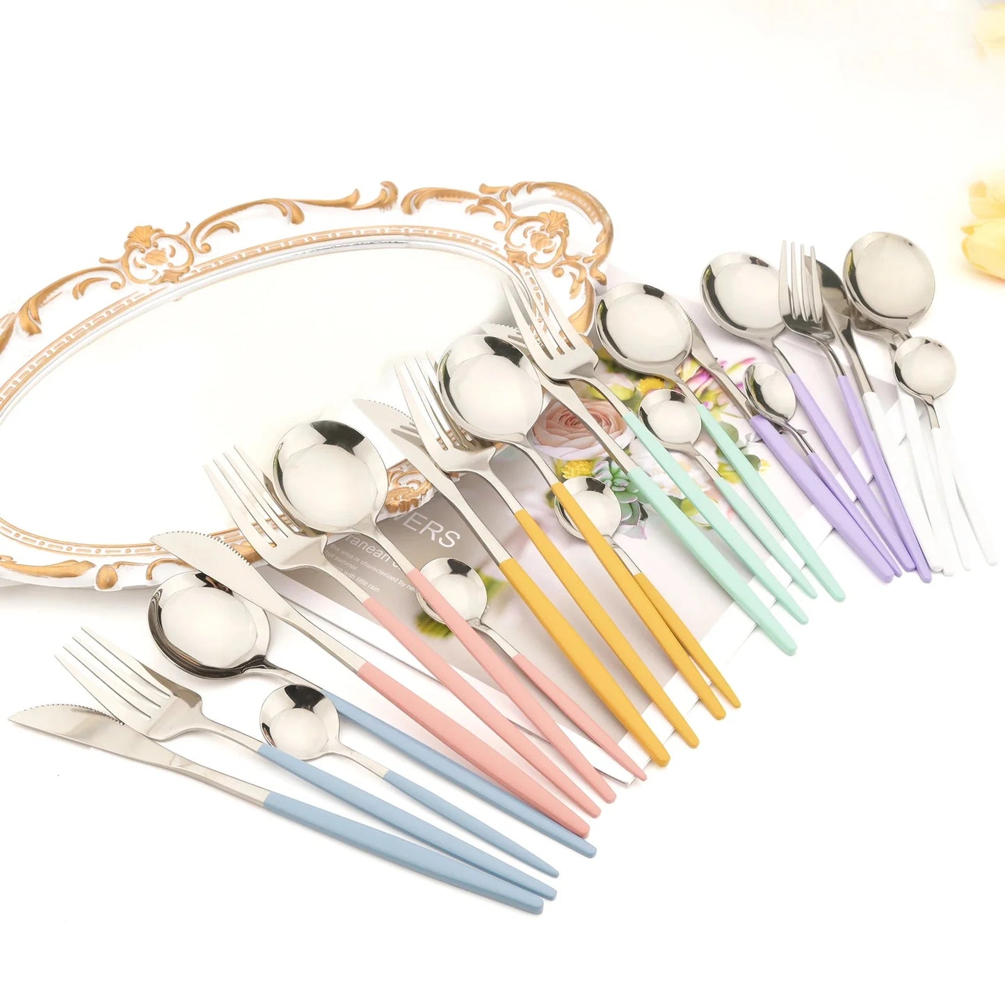 Western Purple Silver Tableware New Dinnerware Set 4Pcs Stainless Steel Kitchen Knife Fork Spoon Complete Cutlery Flatware Set