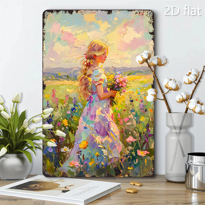 Vibrant Floral Scene 2D Flat Wall Art - Blonde Woman & Wildflowers Metal Sign, 8x12 Inch Indoor/Outdoor Decor
