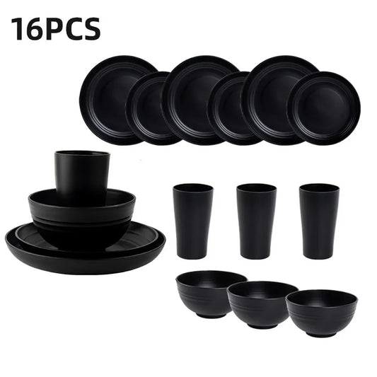 4/16Pcs Black Plastic Cutlery Set Reusable Plates Bowl Cups 4 Sets for Kitchen Outdoor Camping Party Dinnerware Dishes Set