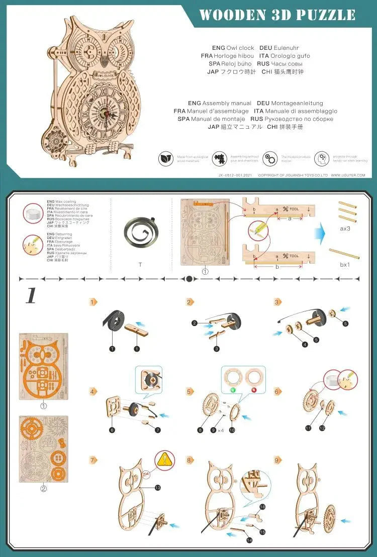 Wooden Puzzle 3D Owl Clock Model Building Kits Creative DIY Wall Clock Mechanical Retro Pendulum Clock Assembly Toy for Adults