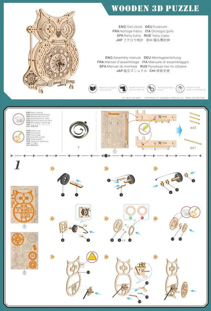 Wooden Puzzle 3D Owl Clock Model Building Kits Creative DIY Wall Clock Mechanical Retro Pendulum Clock Assembly Toy for Adults