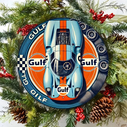 1pc Vintage Gulf Racing Car Metal Tin Sign - Retro Style Wall Art with Blue & Orange Stripes, Aluminum, Perfect for Home, Cafe