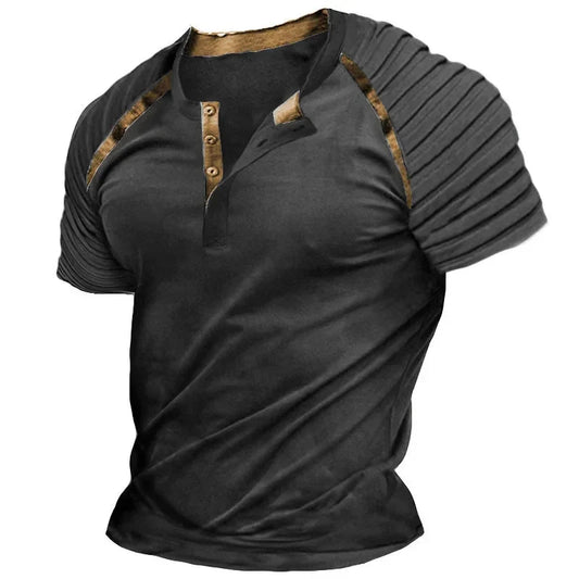 2024 Spring Summer Casual Mens T Shirts Short-sleeved Pleated Buttoned Tops Men Vintage Patchwork Striped T-shirt