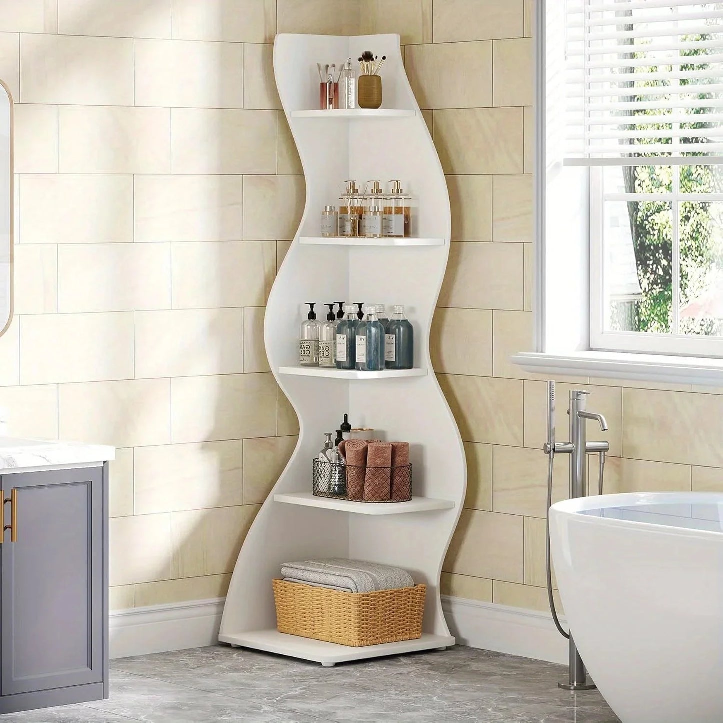 5-Tier Wave Bookshelf  Modern curved corner shelf with metal frame and wooden shelves, white finish, sturdy floor design bedroom