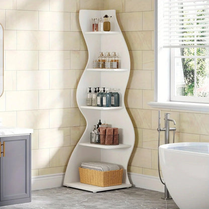 5-Tier Wave Bookshelf  Modern curved corner shelf with metal frame and wooden shelves, white finish, sturdy floor design bedroom