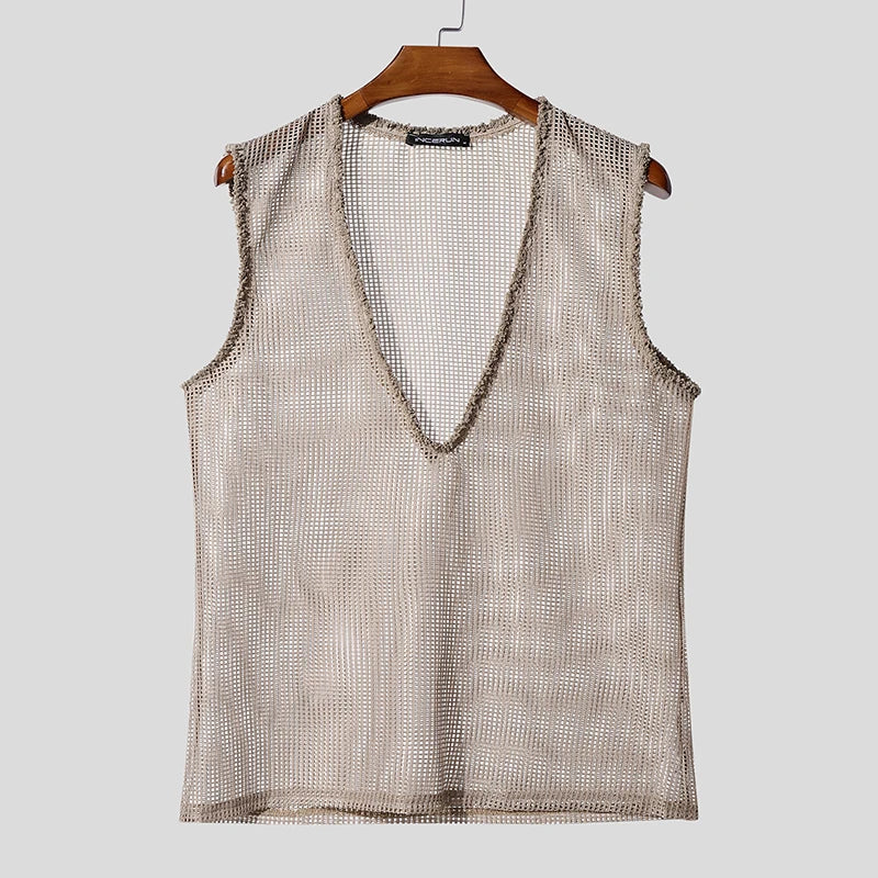 INCERUN Men Tank Tops Hollow Out Mesh See Through Sexy Tassel Male Vests Summer 2025 Solid Color Fashion Streetwear Men Clothing