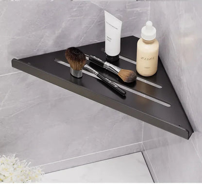 Bathroom Triangle Drain Shelf No Drilling Wall Mounted Cosmetic and Toiletries Hollow Carbon Steel Shelf with Hooks