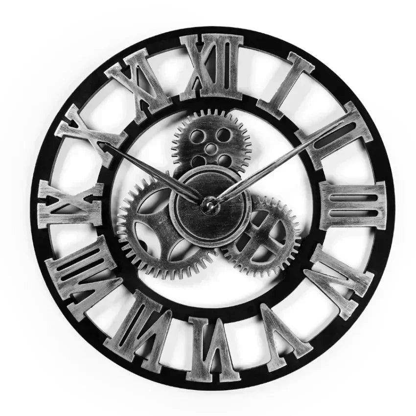 Vintage Style Industrial Wall Clock with Roman Numerals Visible 3D Gears 11"-17" Gold or Silver