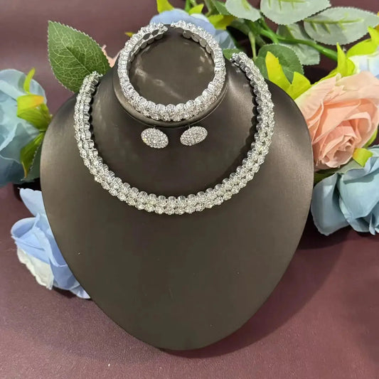 Elegant 3-Piece Crystal Jewelry Set - Rhinestone Necklace, Earrings & Bracelet