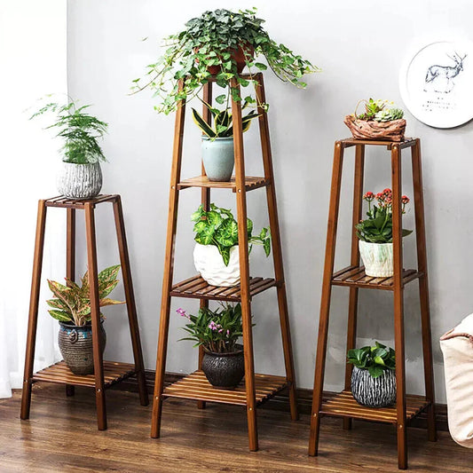 Tiered Bamboo Plant Pot Holder Tall Plant Display Shelf Flower Stand Indoor