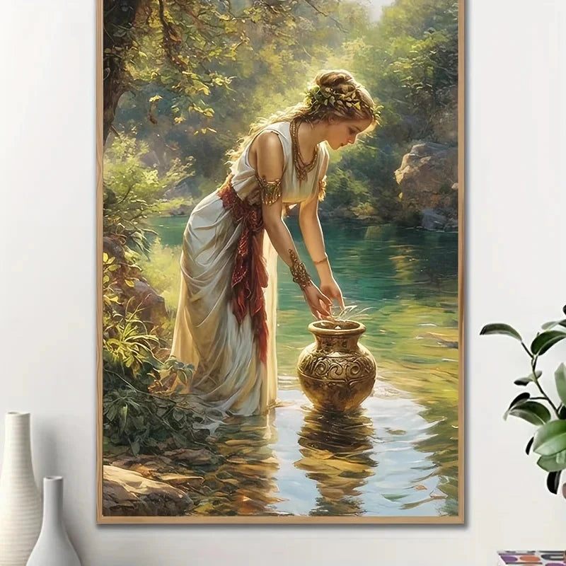 Elegant 3D Hand-Painted Canvas Oil Painting - Serene Forest Scene with Woman & Golden Vase, Abstract Home Wall Art