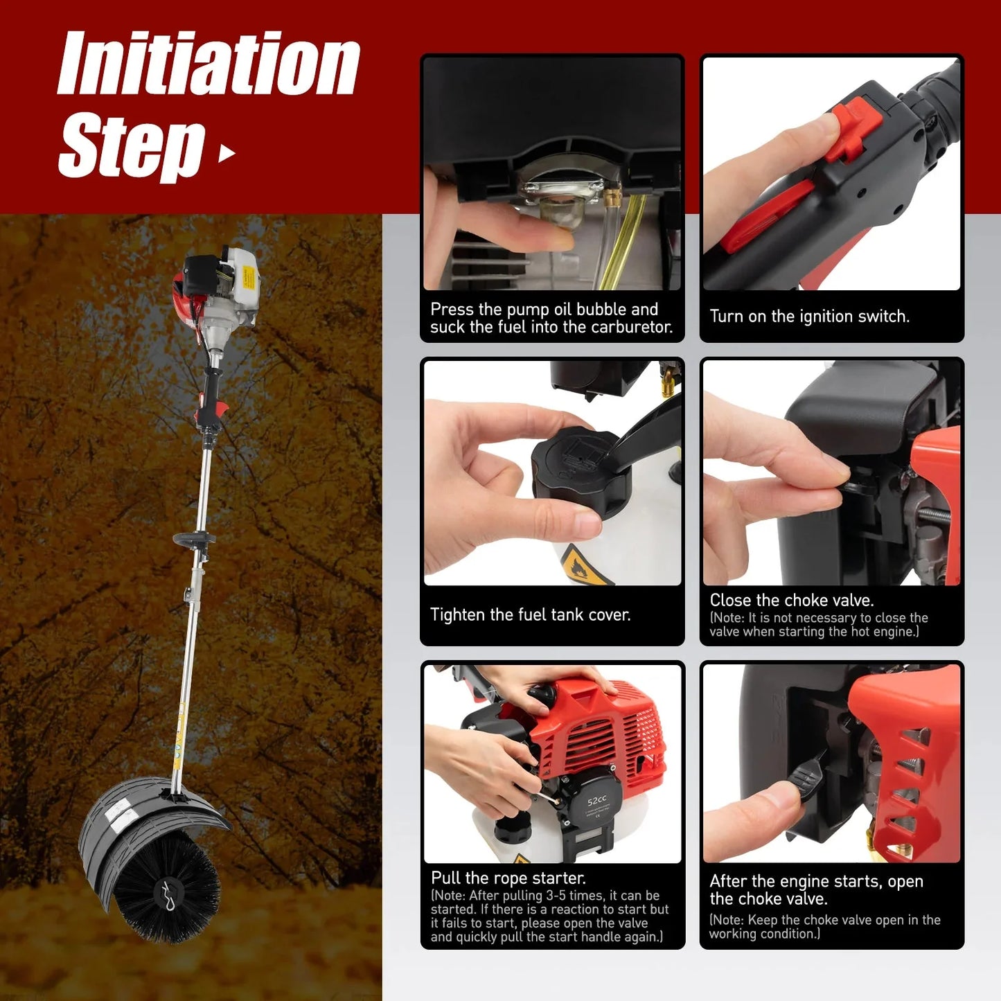 2.3HP 52CC Gas Power Walk Behind Sweeper, Hand-hold Snow Sweeper for Driveway Turf Artificial Grass