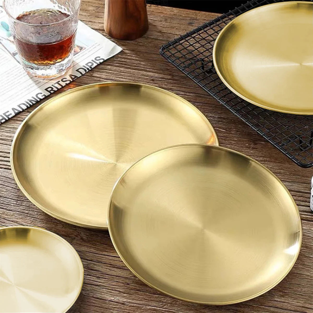 2pcs stainless steel plates, 23cm gold and silver multifunctional plates, suitable for picnics, pre meal preparation, family use