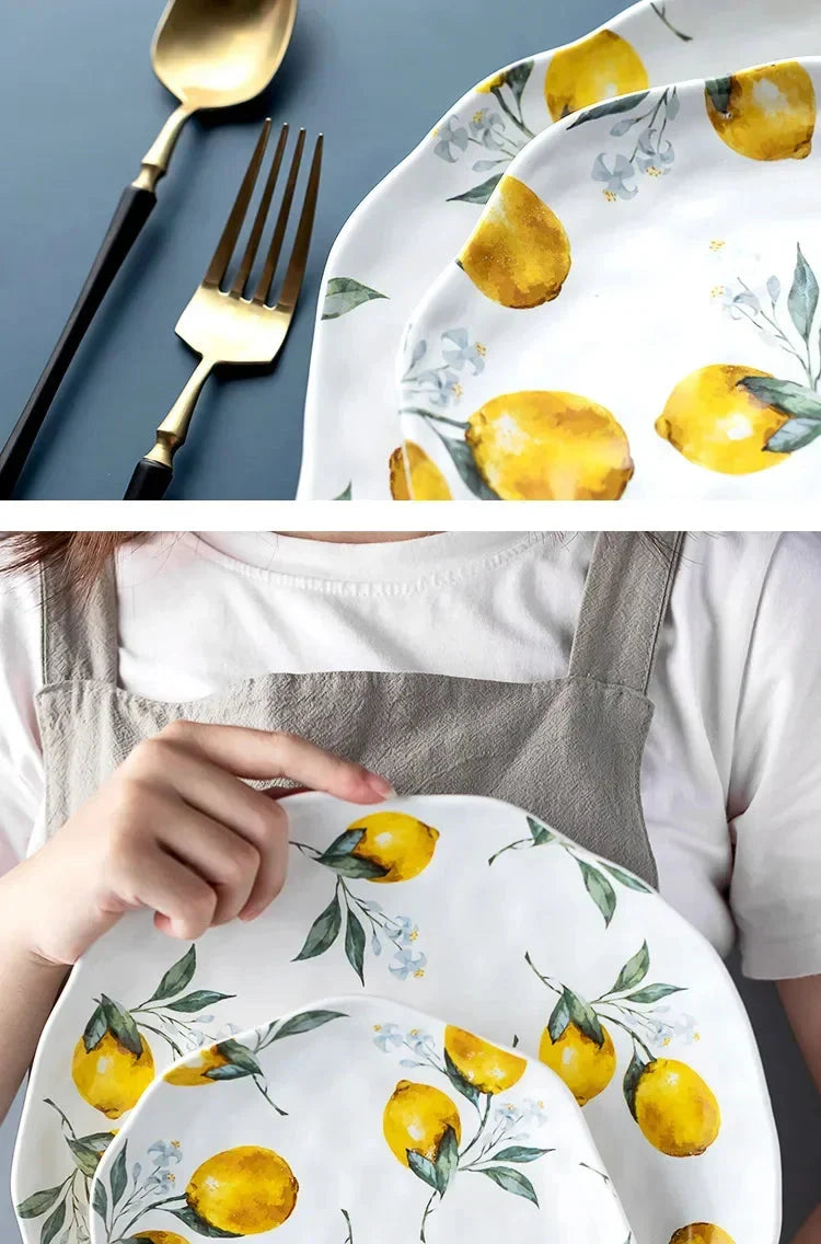European Ceramic Plate Creative Rural Style Breakfast Bread Plate Hand Drawn Lemon Desktop Fruit Salad Plates Kitchen Tableware