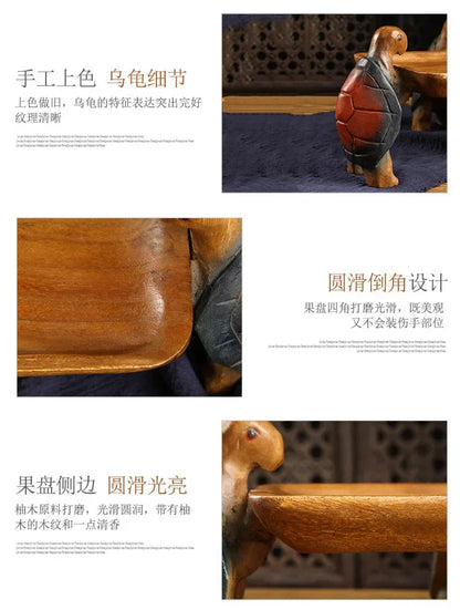 Solid Wood Fruit Plate for Home Living Room, Coffee Table Tray, Three Turtles Base Side Polished, Smooth Eco Friendly Wood Wax O