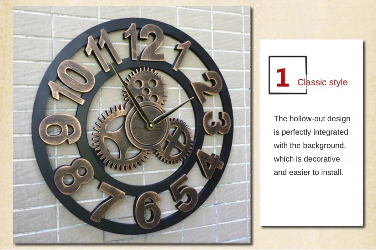 Vintage Style Industrial Wall Clock with Roman Numerals Visible 3D Gears 11"-17" Gold or Silver