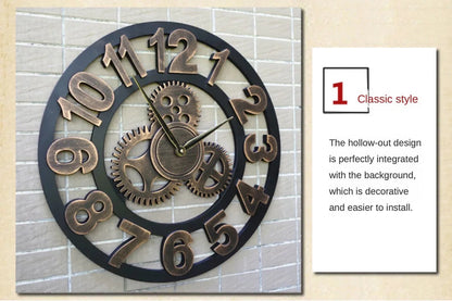 Vintage Style Industrial Wall Clock with Roman Numerals Visible 3D Gears 11"-17" Gold or Silver