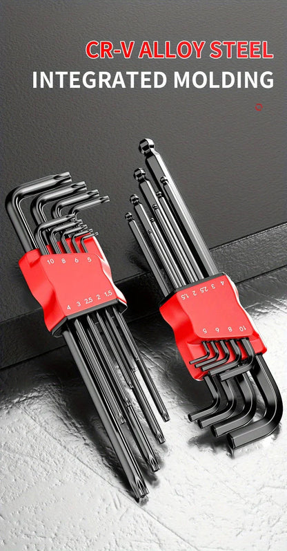 Professional 10-Piece Hex Key Set - Metric & SAE - CR-V Steel Allen Wrenches with Ball End
