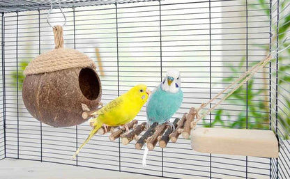 Coconut Birdhouse Hut With Ladder Hemp Rope Roof Natural Material Firm Stable Small Animal Cage Habitat Decoration Pet Supplies