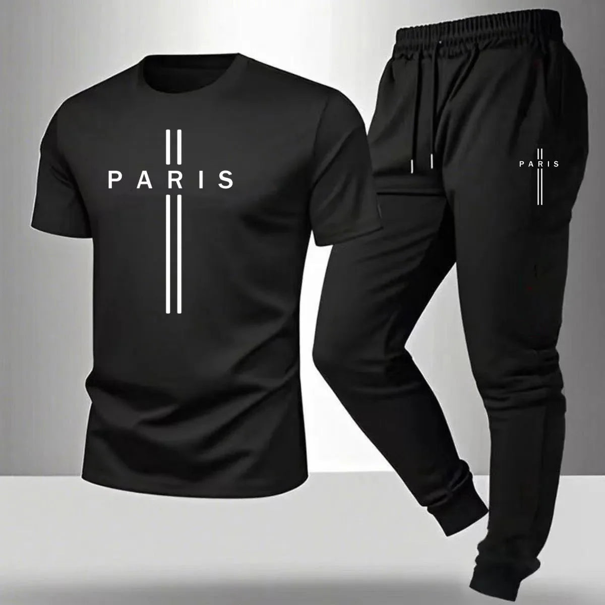 2026 NEW Men's Summer Casual Pants+Short Sleeve T-shirt Set Paris Paris Paris Printed Two Piece Set Men's Sports Set