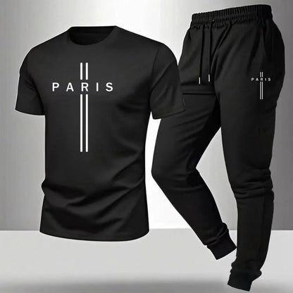 2026 NEW Men's Summer Casual Pants+Short Sleeve T-shirt Set Paris Paris Paris Printed Two Piece Set Men's Sports Set