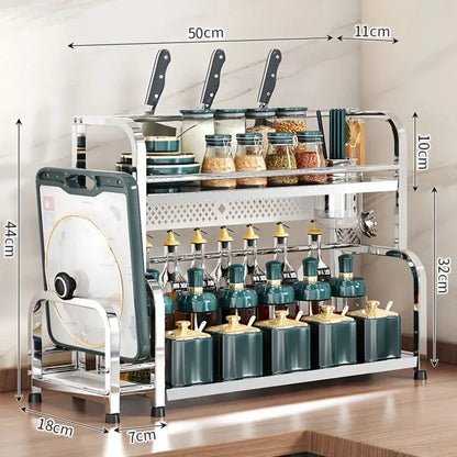 Stainless Steel Kitchen Storage Shelf Seasoning Jar Spice Storage Rack Chopsticks Knife Shelf Bar Organizer Kitchen Supplies