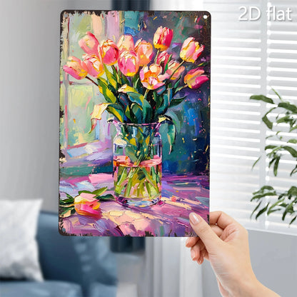 Vibrant Tulip Bouquet Metal Wall Art - 8x12 Inch 2D Design, Durable Iron Sign for Home, Garden & Office Decor