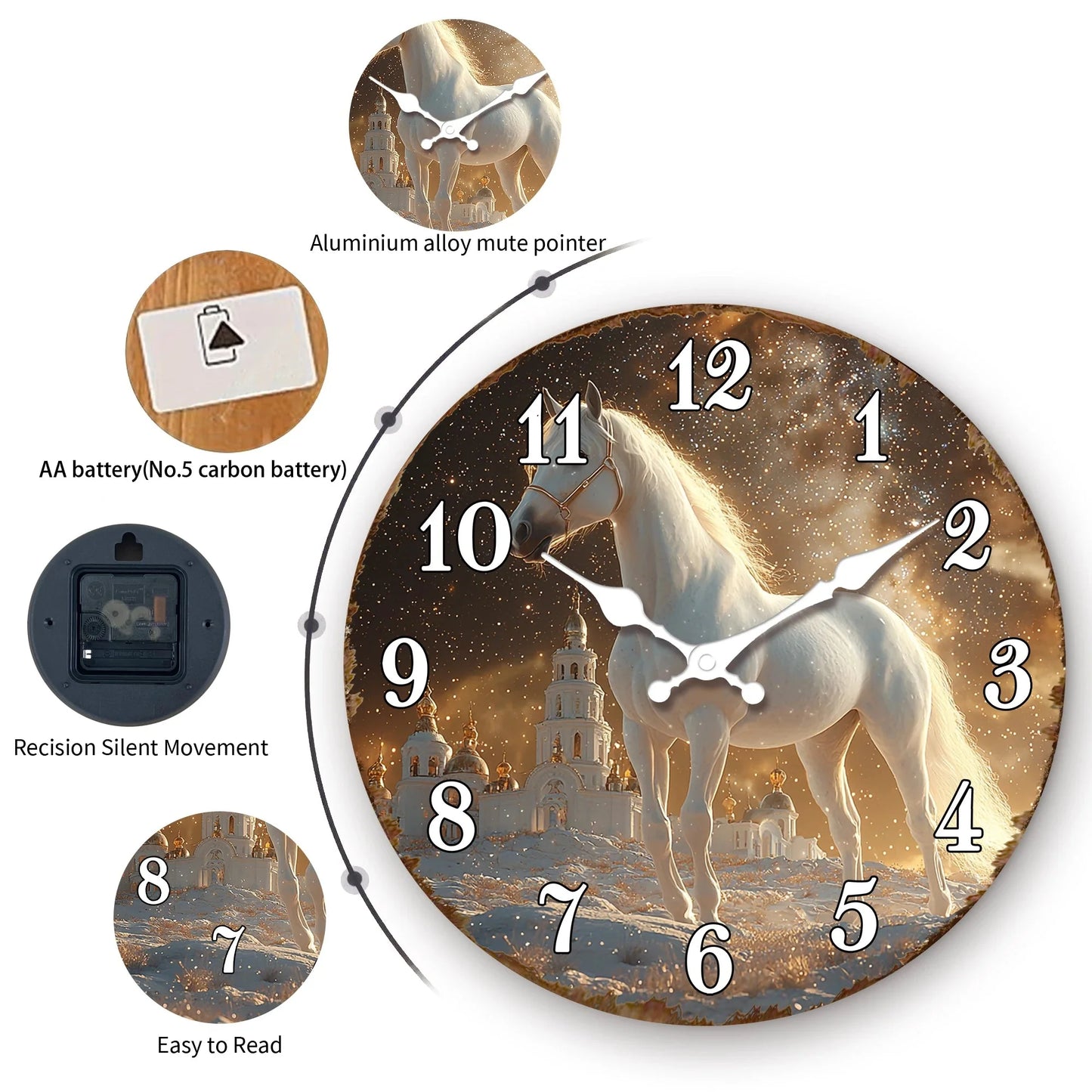 White Horse in Snowy Landscape Round Wall Clock, Ethereal Equine Art Decorative Clock, Dreamy Winter Scene Timepiece for Wall Ar