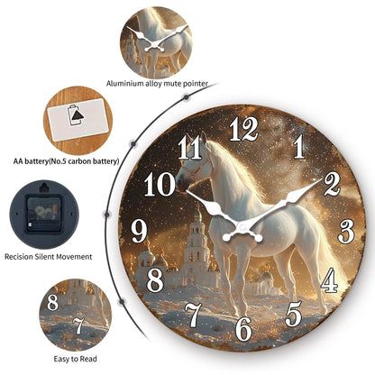 White Horse in Snowy Landscape Round Wall Clock, Ethereal Equine Art Decorative Clock, Dreamy Winter Scene Timepiece for Wall Ar