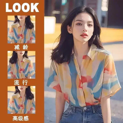 French Chic Top Print Versatile Elegant Casual Chiffon Short-sleeved Shirt for Women