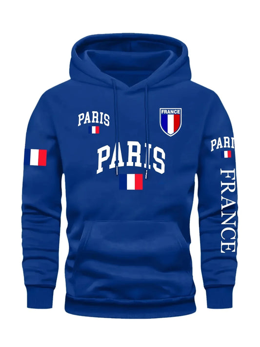 Men's Paris France Flag Letter Graphic Hoodie Pullover Kangaroo Pocket Ribbed Cuffs Machine Washable Autumn Winter Sweatshirt