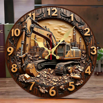 Excavator Industrial Wooden Round Silent Hanging Wall Clock, Suitable For Living Room,Office,Study Room,Bedroom, Home Decoration