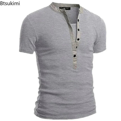 2026 Men's Summer Casual Shirts Solid V-neck Button Slim Fit T-Shirts for Men Fashion Short Sleeve Tees Tops Men Clothing S-3XL