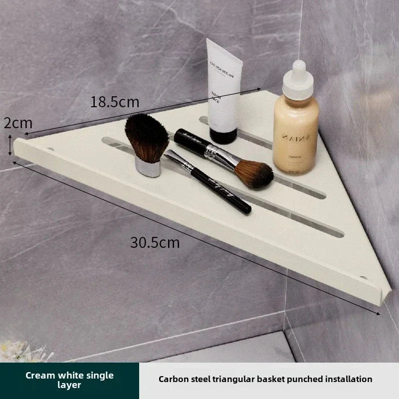 Bathroom Triangle Drain Shelf No Drilling Wall Mounted Cosmetic and Toiletries Hollow Carbon Steel Shelf with Hooks
