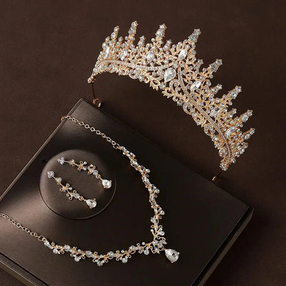 Bridal Wedding Jewelry 4-piece Set, Alloy Crystal Crown&Crystal Necklace&Earrings Women's Classic Wedding Tiaras