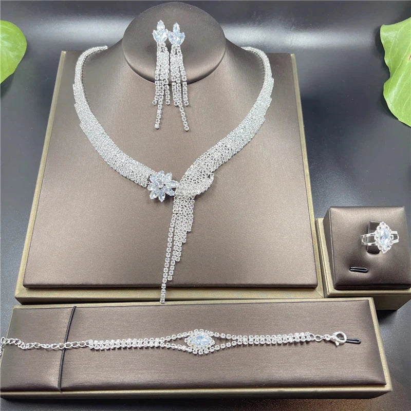 Fashion Crystal Bridal Jewelry Sets Silver Color Geometric Choker Necklace Earrings Bracelet Ring Four-piece Wedding Jewelry Set
