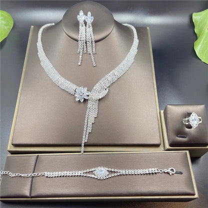 Fashion Crystal Bridal Jewelry Sets Silver Color Geometric Choker Necklace Earrings Bracelet Ring Four-piece Wedding Jewelry Set