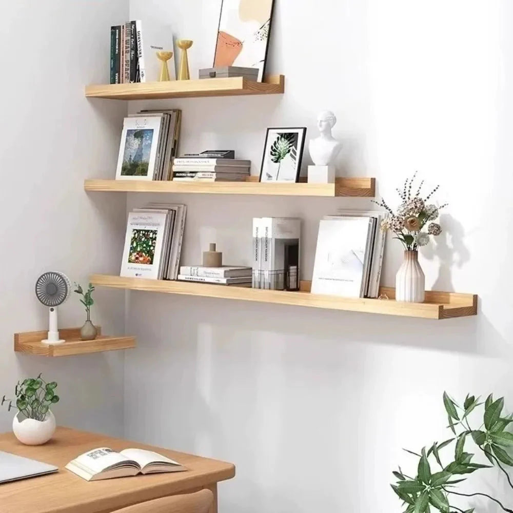 Space Saving Wooden Floating Shelf Minimalist Style Decorative Display Stand Rustic Bookshelf Organizer Living Room