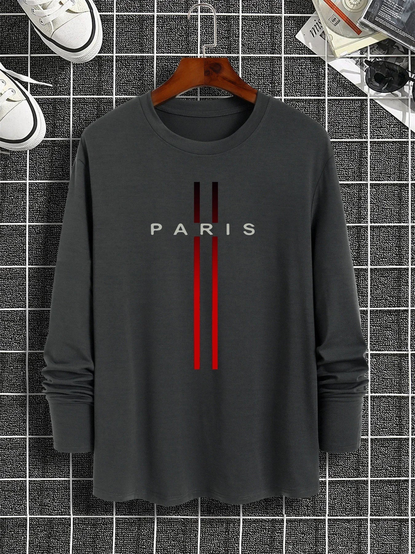 Men's Spring and Autumn 100% Cotton Loose and Comfortable Casual Paris Pattern Printed Round Neck Long Sleeve T-shirt