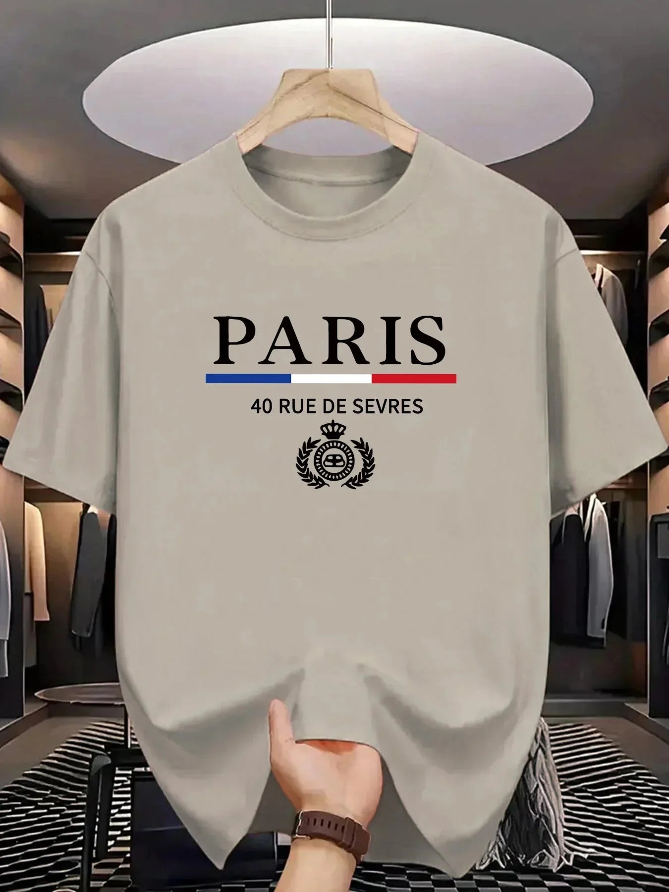 Men's summer 100% cotton fashionable casual loose classic Paris pattern printed sports round neck short sleeved T-shirt top
