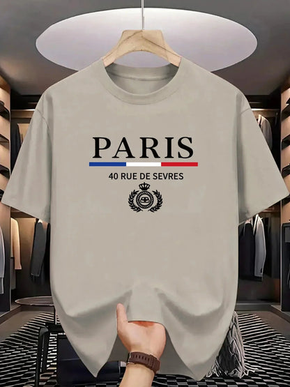 Men's summer 100% cotton fashionable casual loose classic Paris pattern printed sports round neck short sleeved T-shirt top