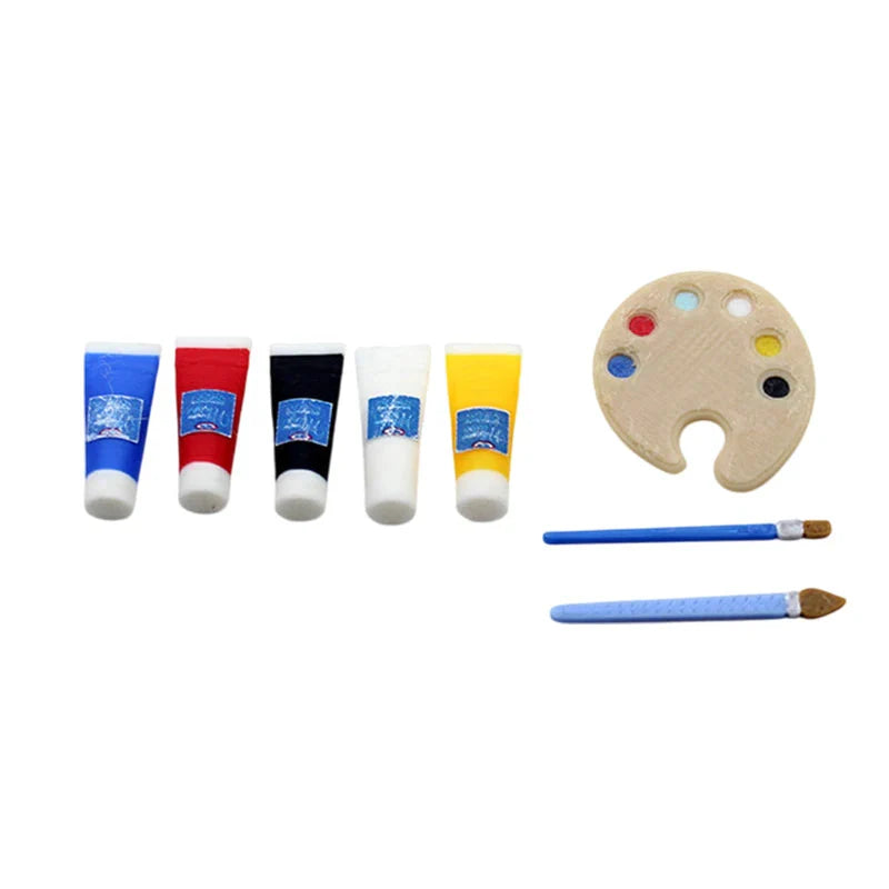 1/12 Dollhouse Draw Room Art Supplies Decoration Dolls House Accessories Mini Pigment Tube Paint Brush Palette Model Dollhouse