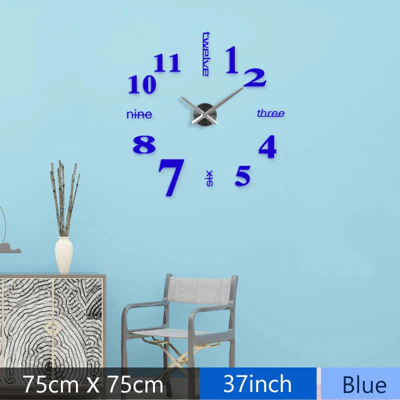 Fashion 3D Mediterranean style big size blue wall clock mirror sticker DIY brief living room decor meetting room wall clock