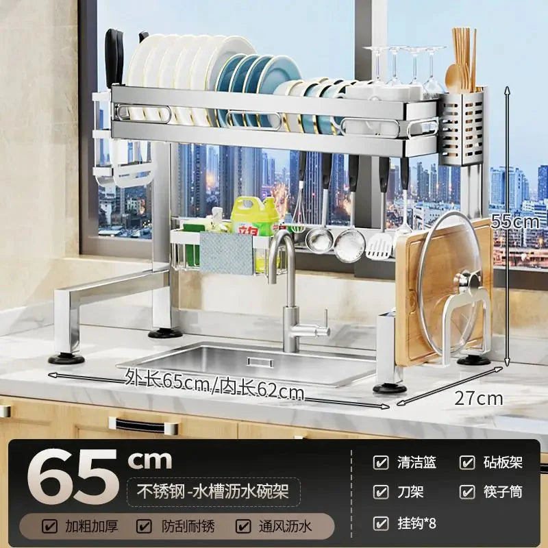 Stainless Steel Sink Shelf Bowl Drain Rack Kitchen Storage Rack Multifunctional Dish Cutlery Knife Spoon Sink Rack Set Organizer